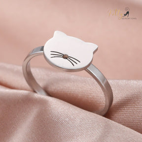 Laser Cut Whiskered Kitty Face Ring in Stainless Steel (Gold or Silver) - Multiple Sizes