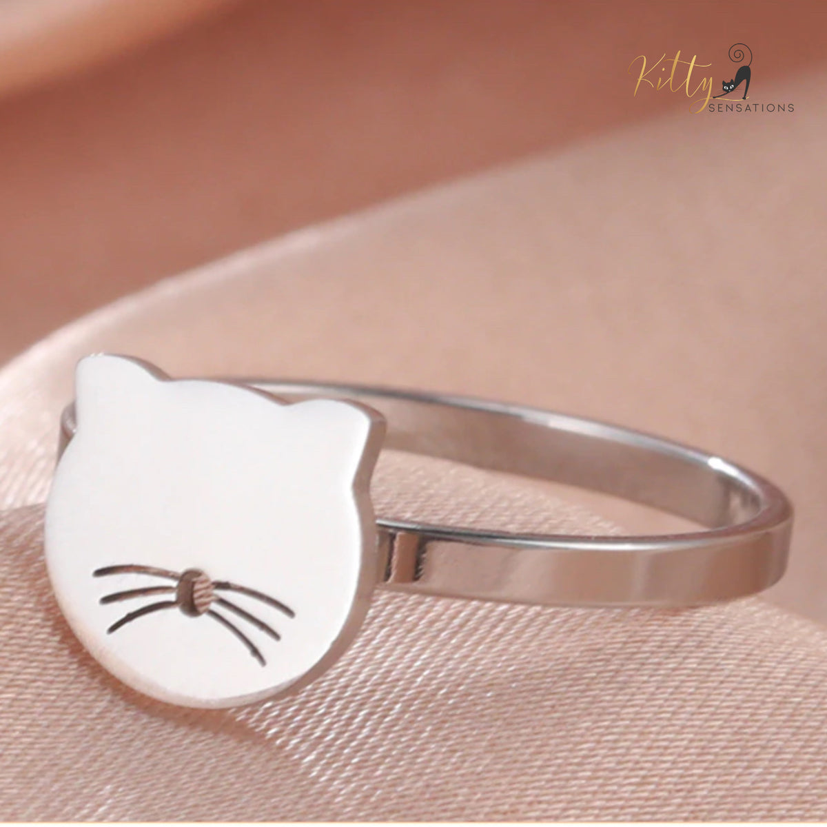 Laser Cut Whiskered Kitty Face Ring in Stainless Steel (Gold or Silver) - Multiple Sizes