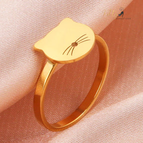 Laser Cut Whiskered Kitty Face Ring in Stainless Steel (Gold or Silver) - Multiple Sizes