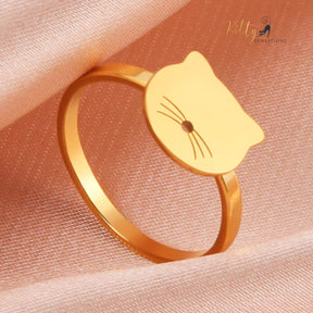 Laser Cut Whiskered Kitty Face Ring in Stainless Steel (Gold or Silver) - Multiple Sizes