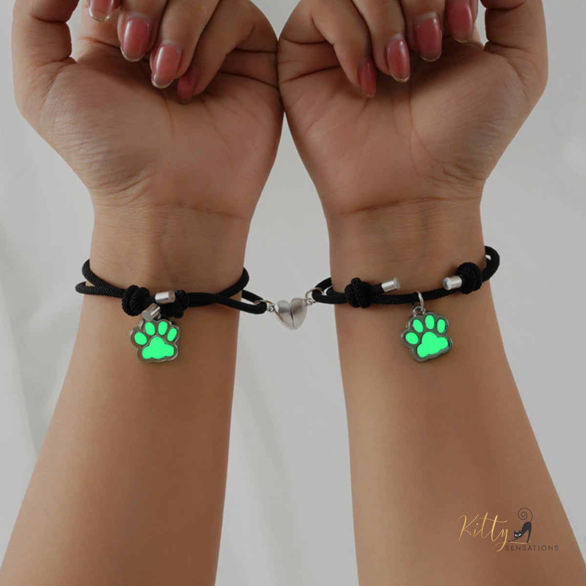 www.KittySensations.com Magnetic Heart, Glow-In-The-Dark Cat Paw, Couple/Friends Bracelet Set (Au Pair) - Adjustable Size ($16.53): https://www.kittysensations.com/products/magnetic-heart-glow-in-the-dark-cat-paw-couple-bracelets-au-pair