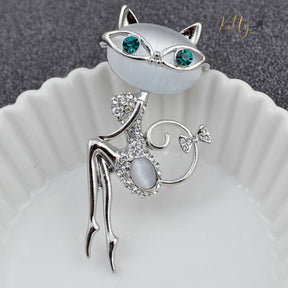 Miss Congeniality Cat Brooch/Lapel Pin in Natural Opal and CZ Crystals