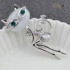 Miss Congeniality Cat Brooch/Lapel Pin in Natural Opal and CZ Crystals