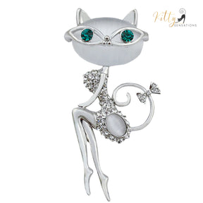 Miss Congeniality Cat Brooch/Lapel Pin in Natural Opal and CZ Crystals