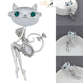 Miss Congeniality Cat Brooch/Lapel Pin in Natural Opal and CZ Crystals