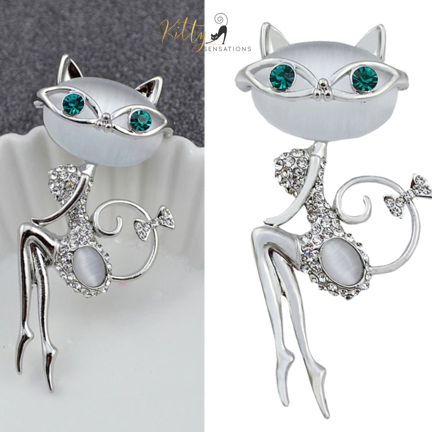 Miss Congeniality Cat Brooch/Lapel Pin in Natural Opal and CZ Crystals