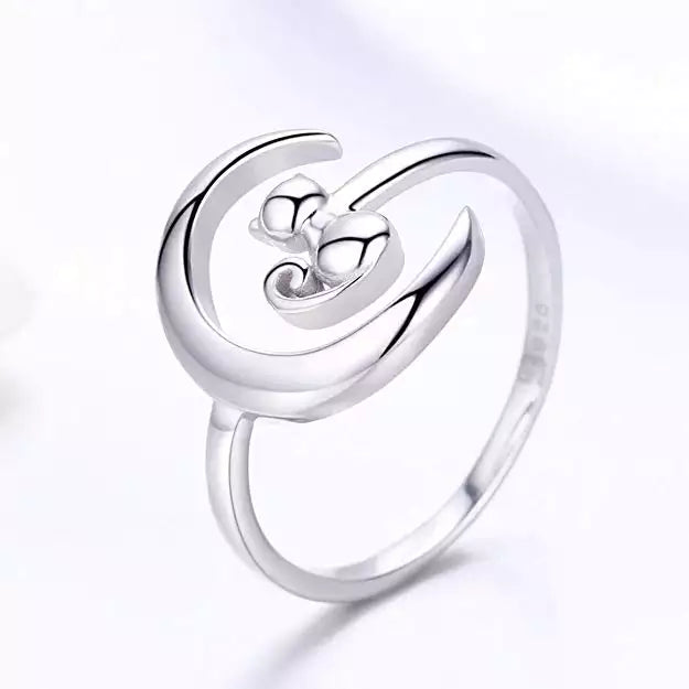 Moon Kitty Ring in Solid 925 Sterling Silver (Platinum Plated) - Adjustable Size