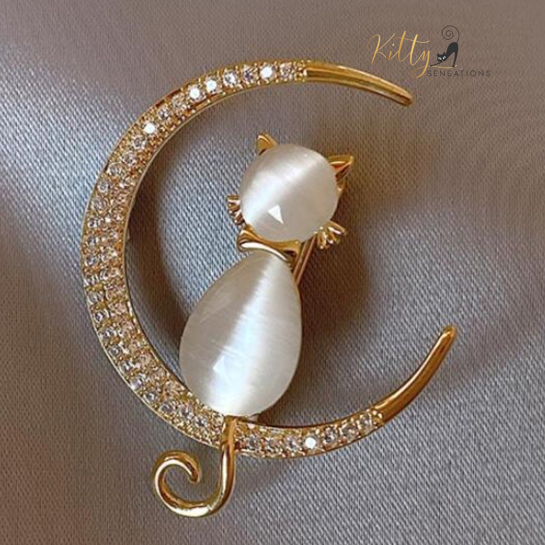 Moon Kitty Brooch in Natural Opal and Cubic Zirconia