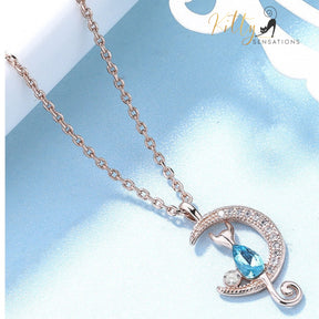 Moon Kitty Necklace in Cubic Zirconia and Solid 925 Sterling Silver (Clear or Blue)