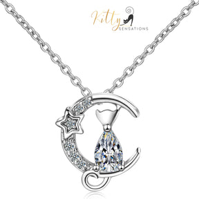 Moon Kitty Necklace in Cubic Zirconia and Solid 925 Sterling Silver (Clear or Blue)