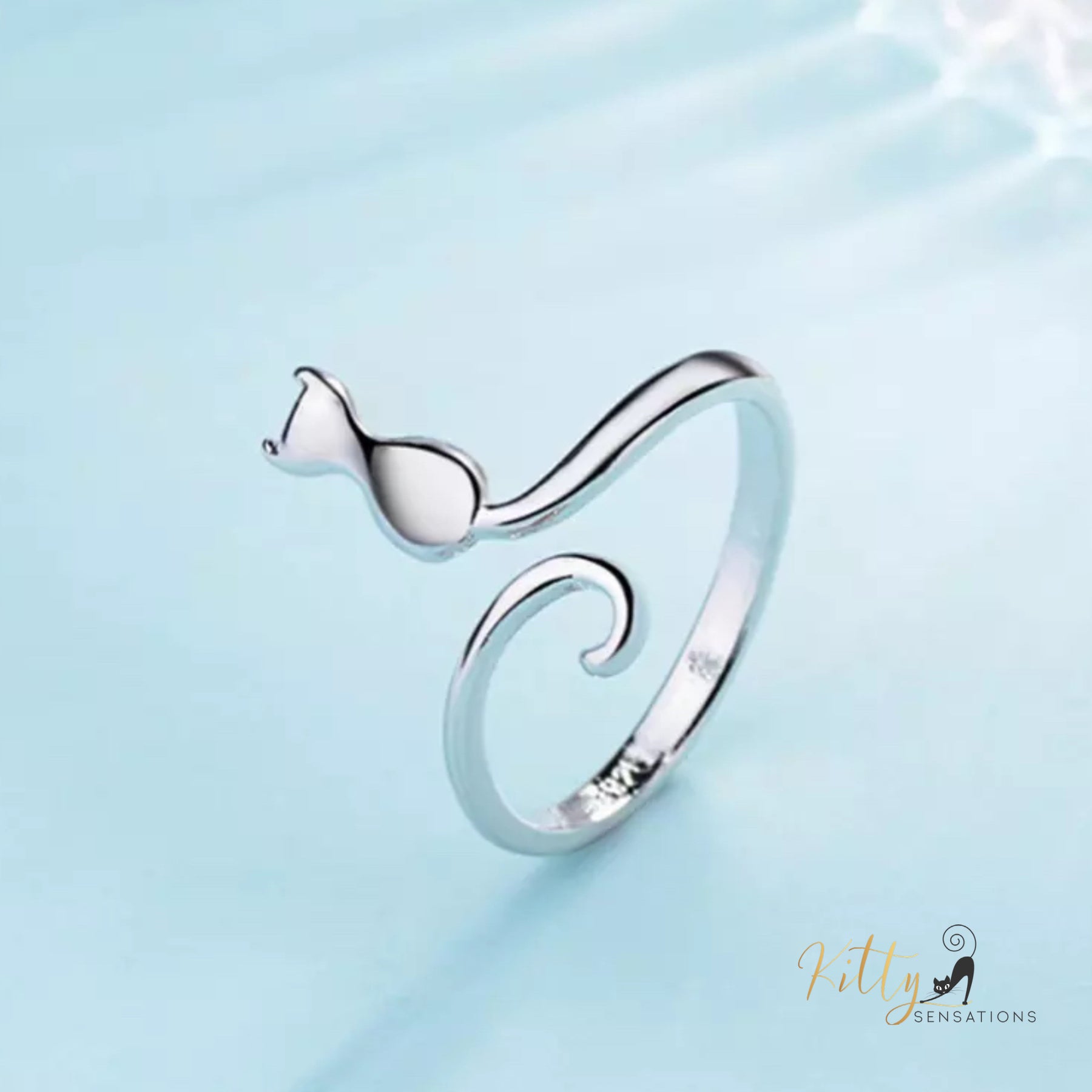 Peaceful Kitty Open Ring in Solid 925 Sterling Silver (Platinum Plated)
