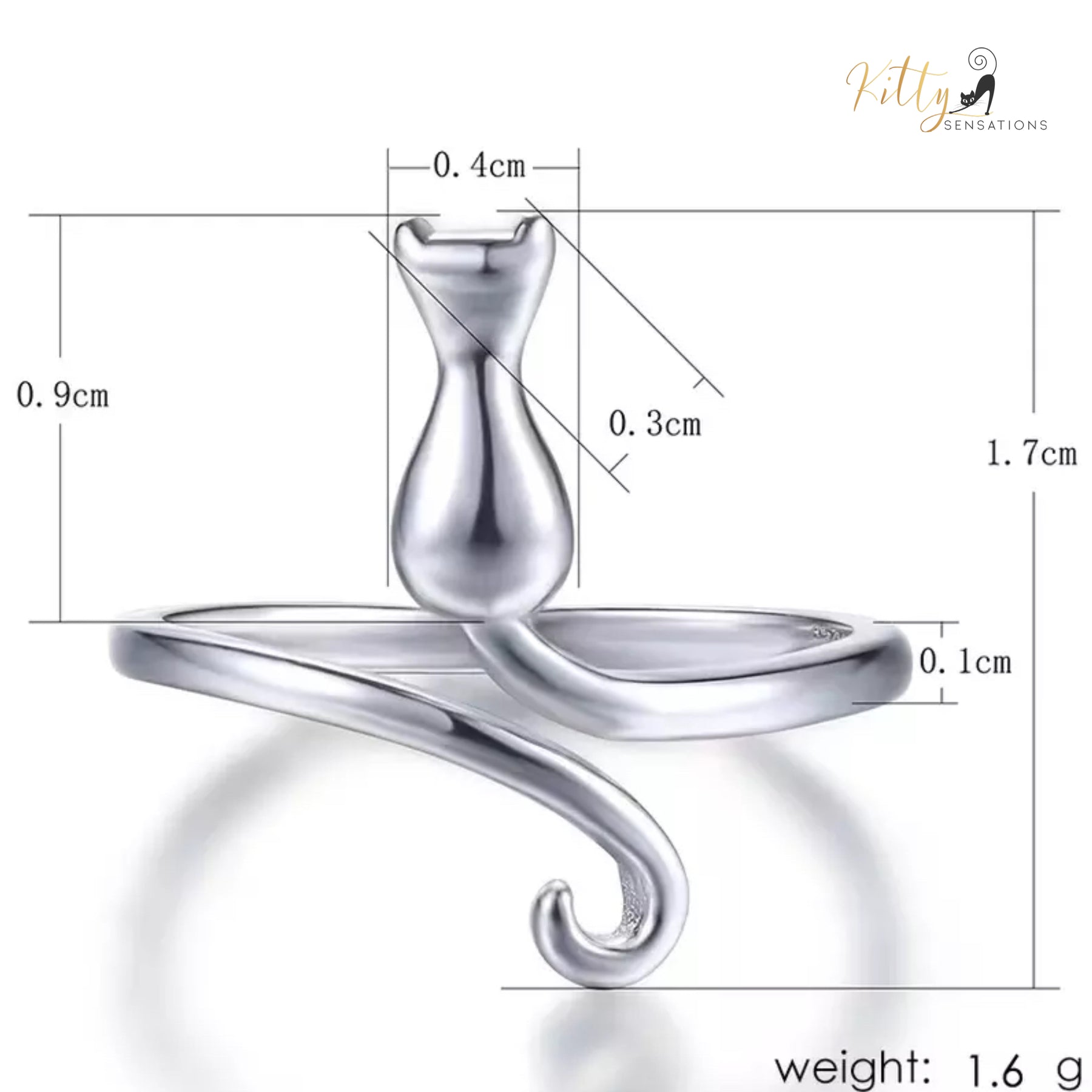 Peaceful Kitty Open Ring in Solid 925 Sterling Silver (Platinum Plated)