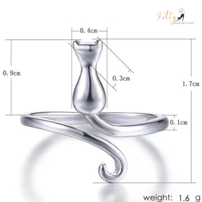 Peaceful Kitty Open Ring in Solid 925 Sterling Silver (Platinum Plated)