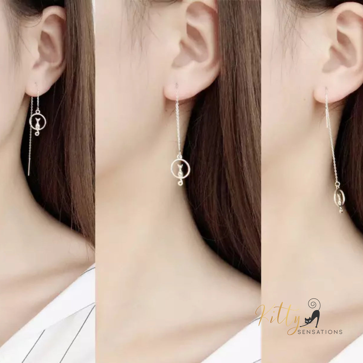 Adjustable Length Moon Kitty Tassel Earrings (White Gold Plated)