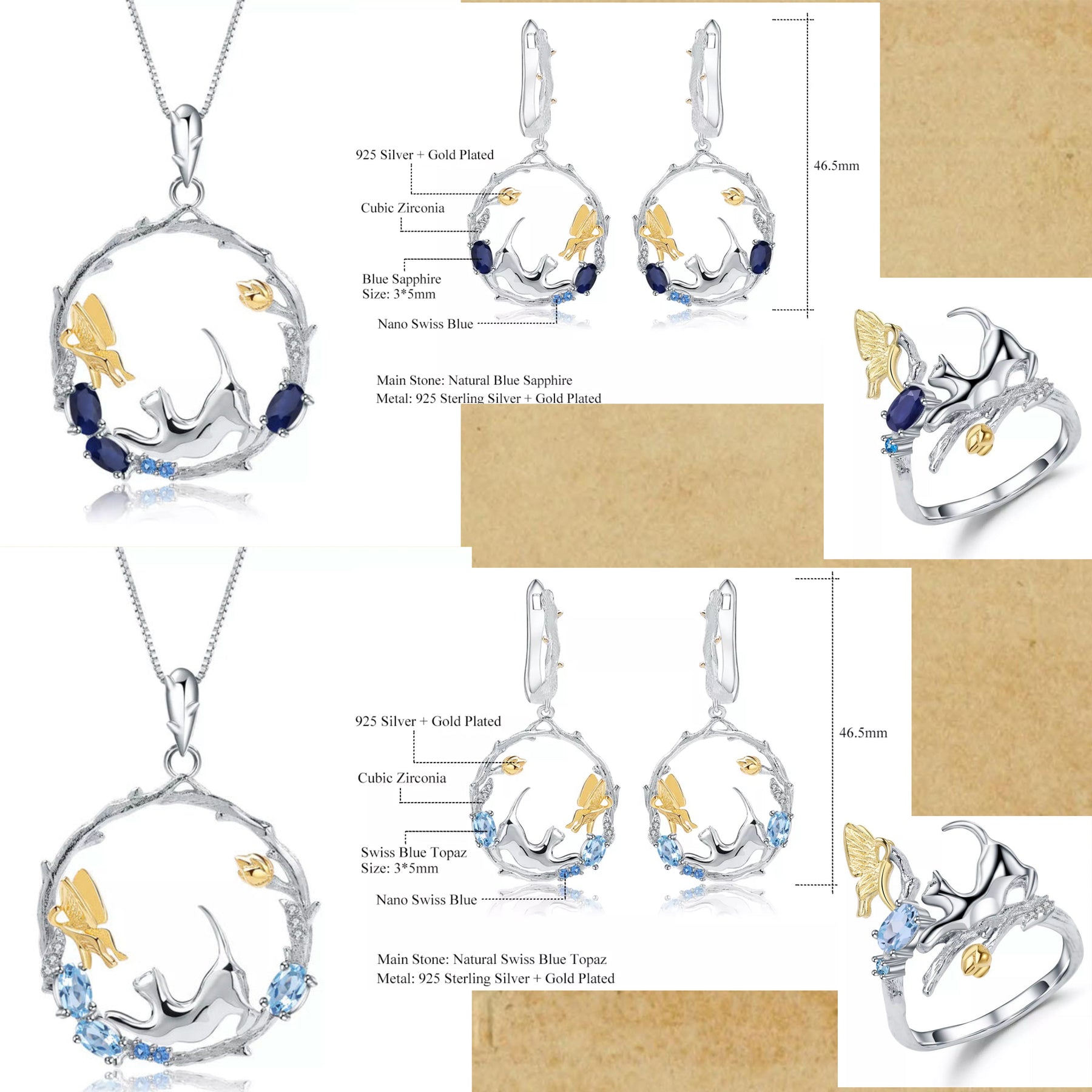 Natural Gemstone Fine Jewelry Cat Set in Solid 925 Sterling Silver and 18K Gold Plating