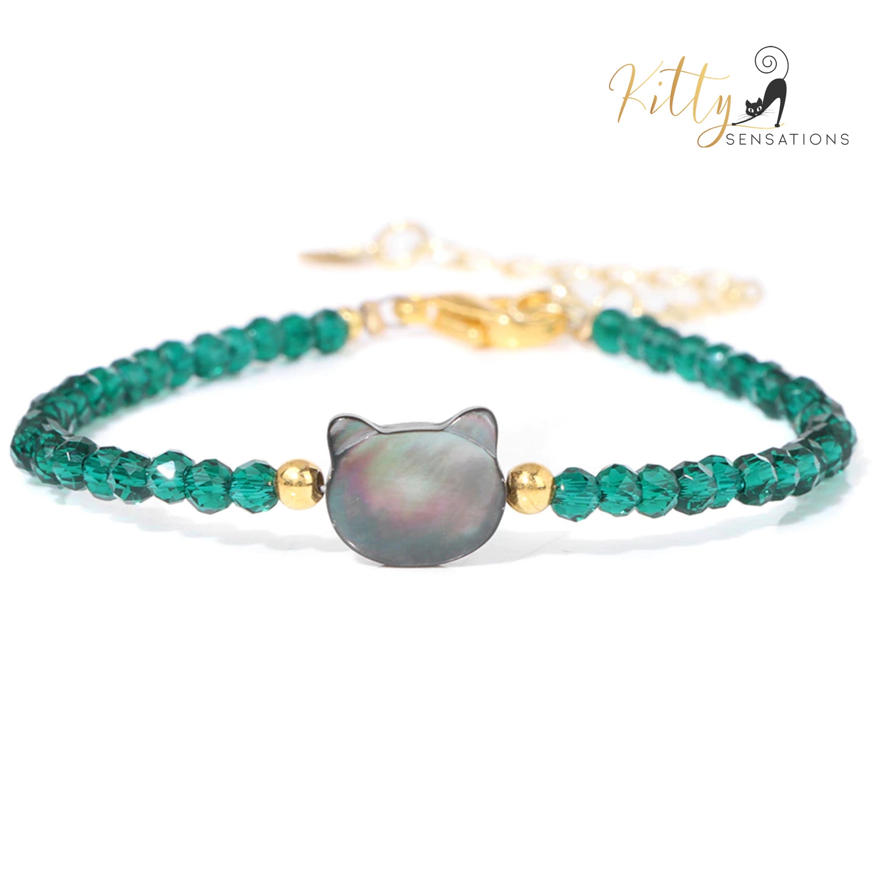 Natural Gemstones, Gray Mother-of-Pearl Kitty Face Bracelet (Adjustable Length)