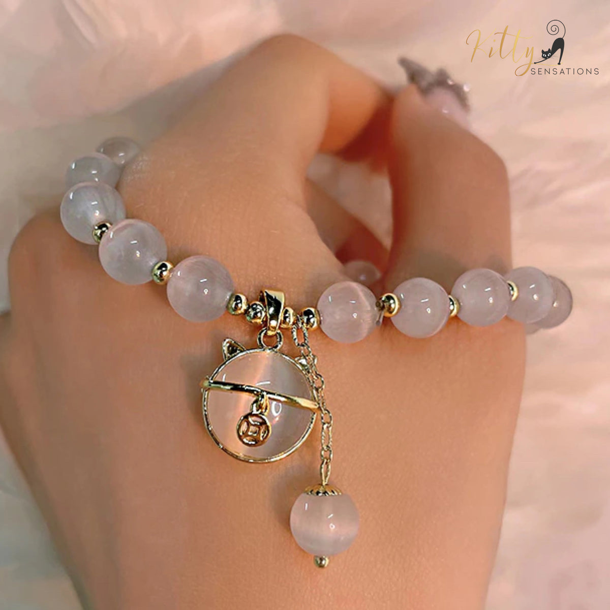 www.KittySensations.com Natural Opal with Golden Beads and Kitty Face Charm Bracelet ($24.40): https://www.kittysensations.com/products/natural-opal-cat-bracelet