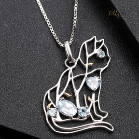 Spring Vine Natural Topaz Cat Necklace in Solid 925 Sterling Silver (Gold Plated) - Fine Jewelry