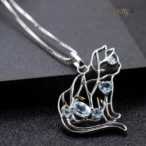 Spring Vine Natural Topaz Cat Necklace in Solid 925 Sterling Silver (Gold Plated) - Fine Jewelry