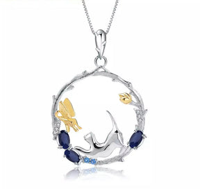 Natural Gemstone Fine Jewelry Cat Set in Solid 925 Sterling Silver and 18K Gold Plating