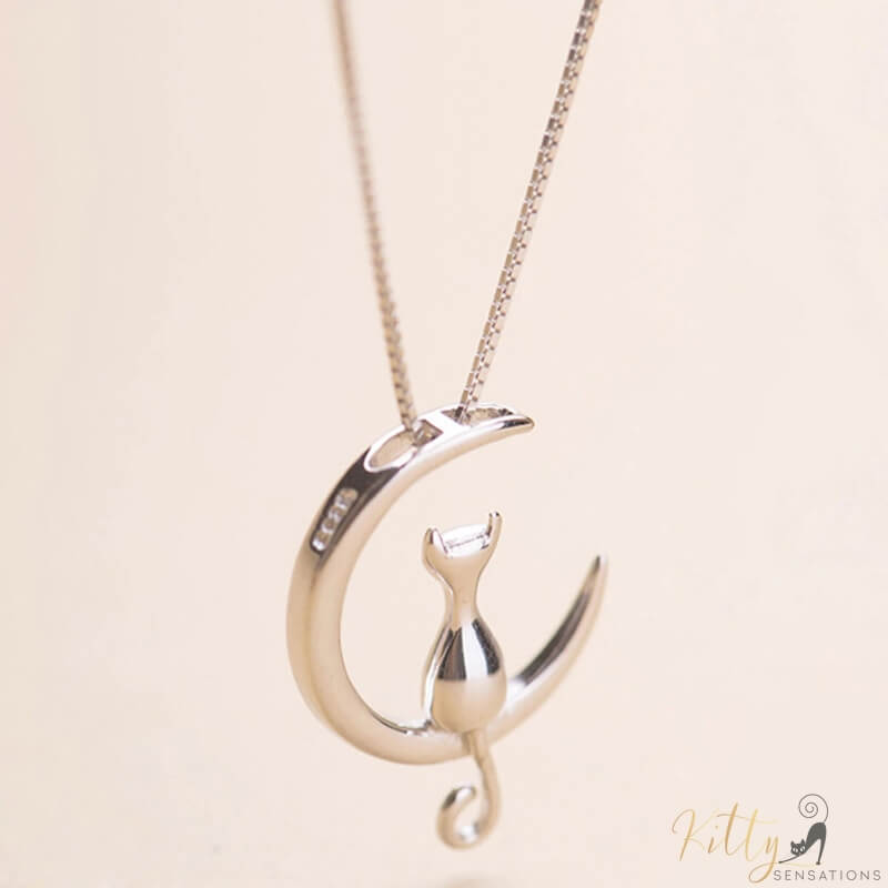 cat moon necklace in sterling silver on beige background 7604327-silver