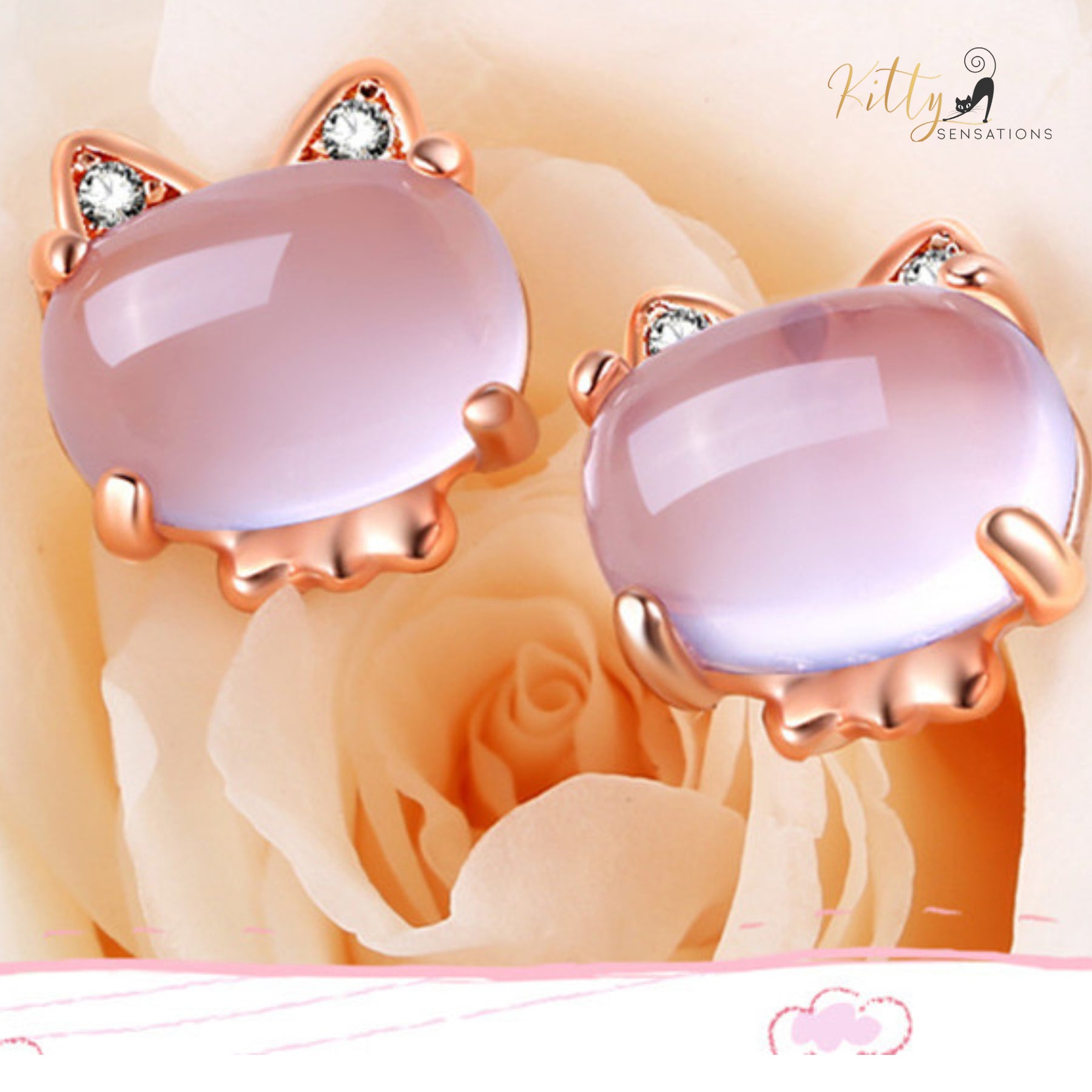 Opal Cat Stud Earrings (14K Rose Gold Plated)