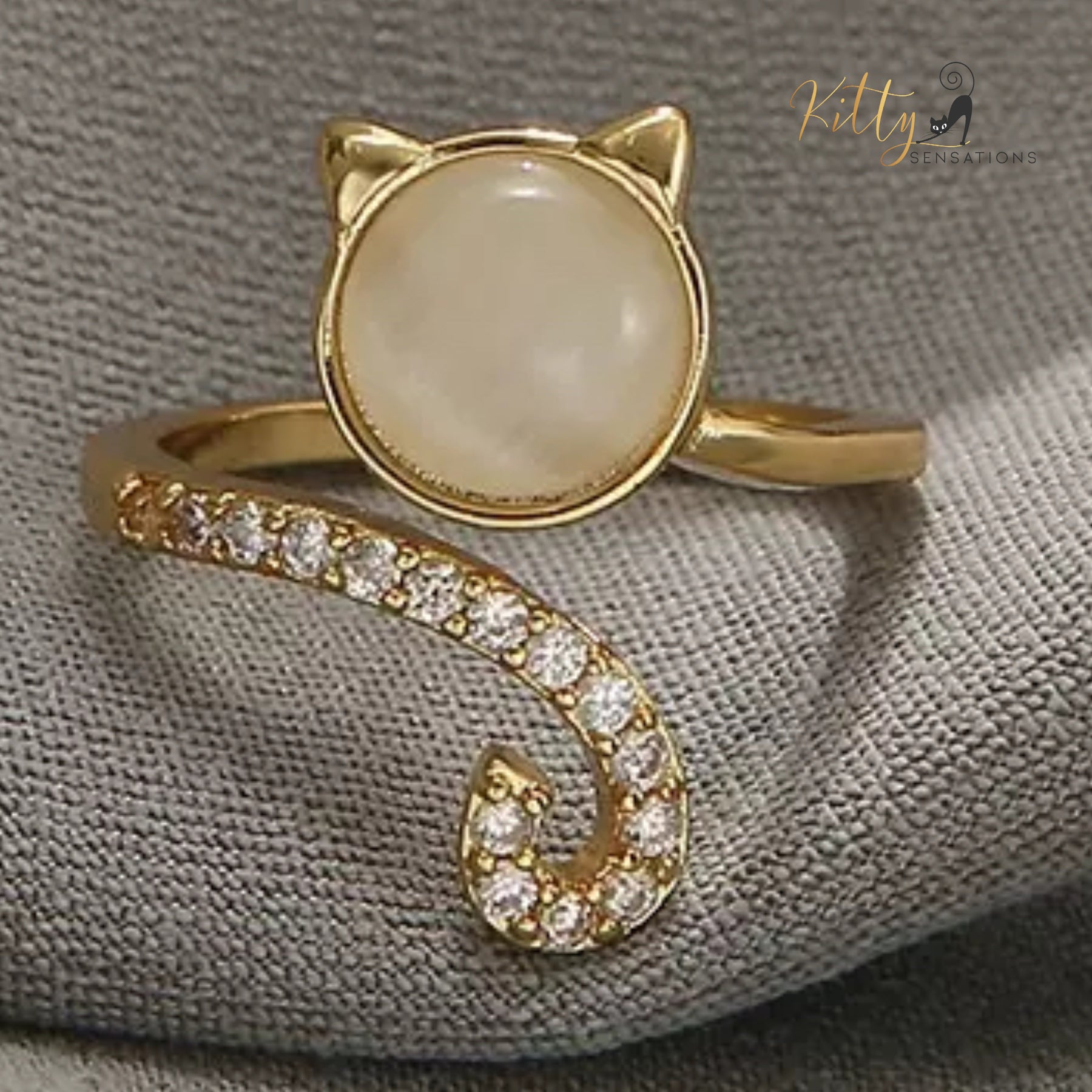 Opal Kitty Face Zircon Kitty Tail Ring - Adjustable (18K Gold Plated)