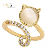 Opal Kitty Face Zircon Kitty Tail Ring - Adjustable (18K Gold Plated)