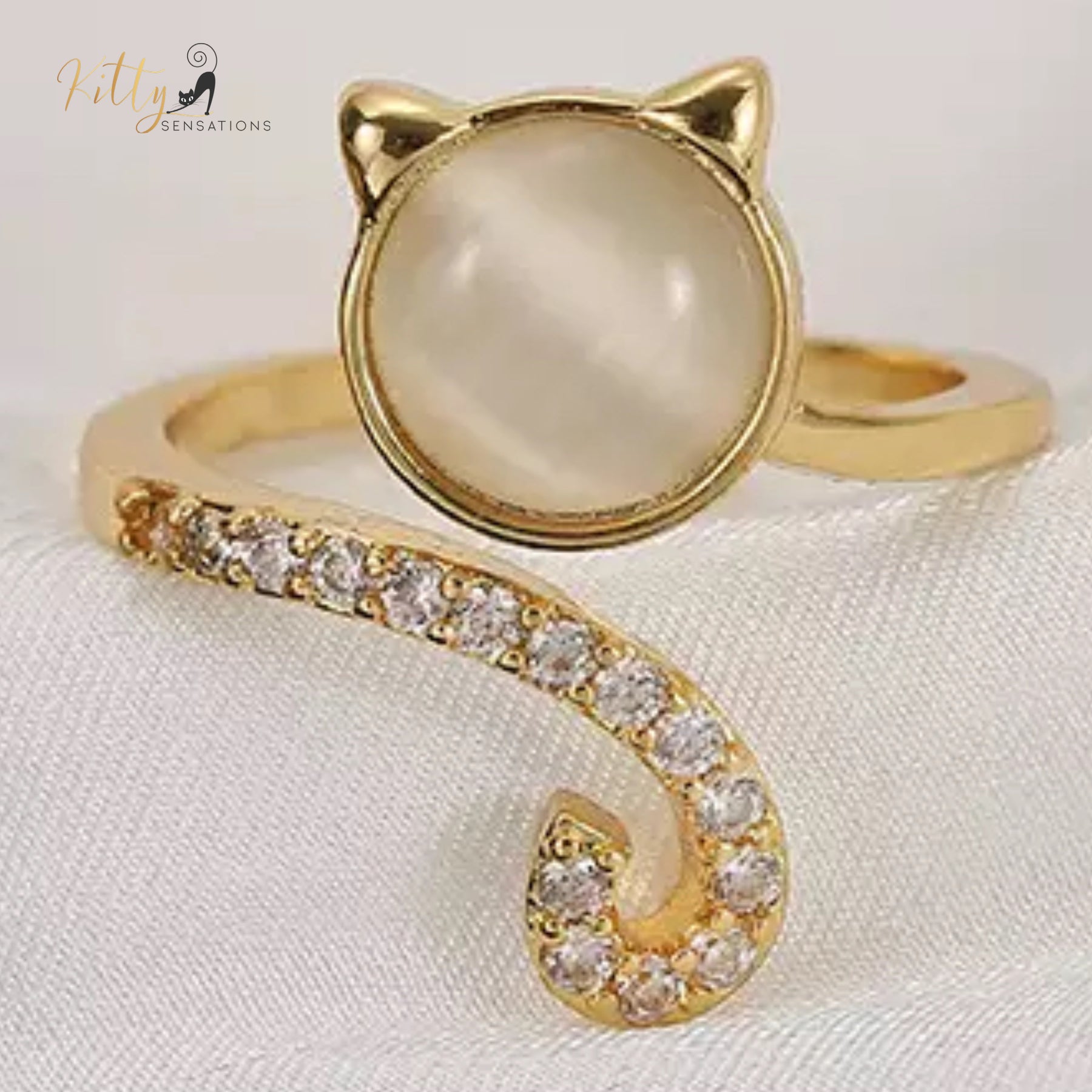 Opal Kitty Face Zircon Kitty Tail Ring - Adjustable (18K Gold Plated)