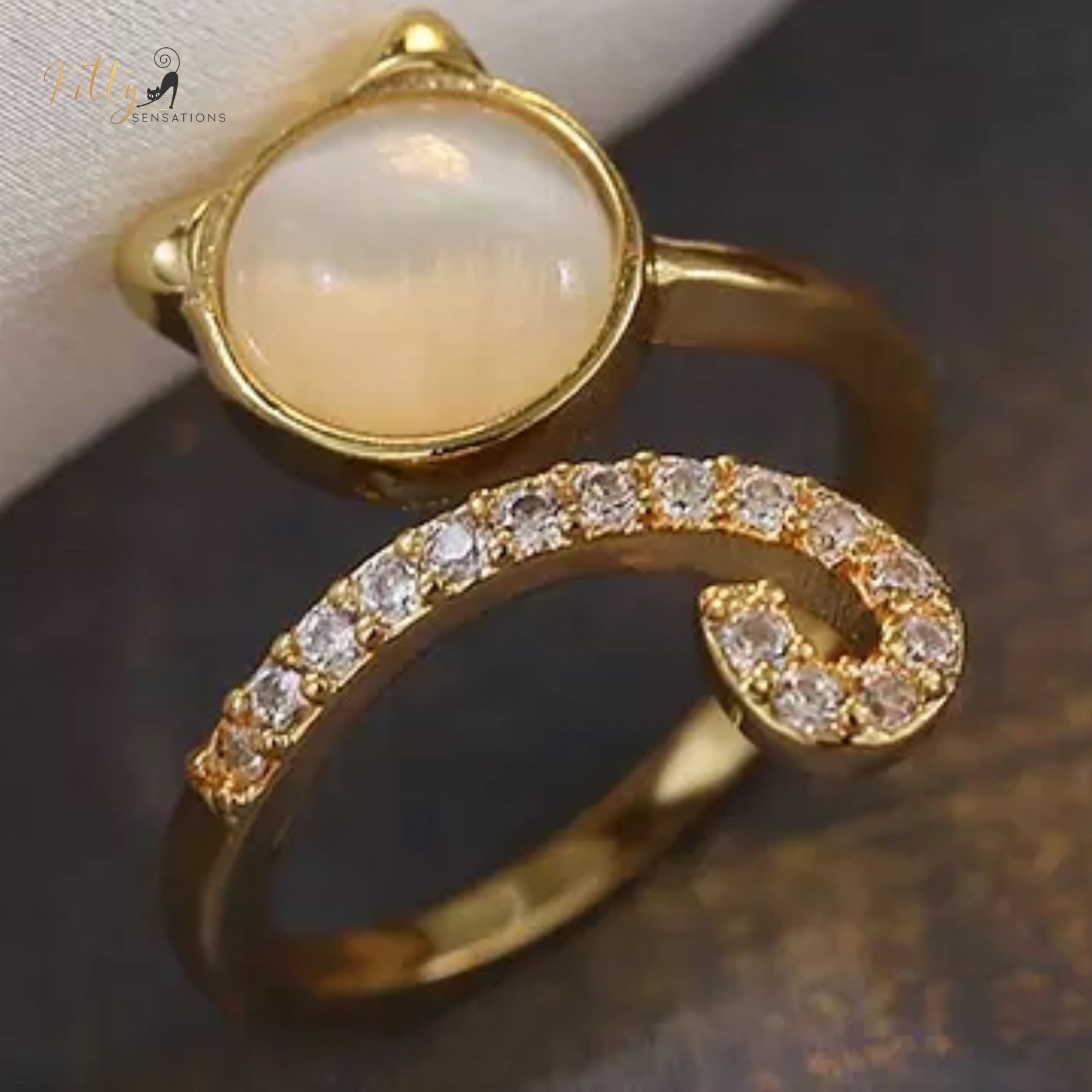 Opal Kitty Face Zircon Kitty Tail Ring - Adjustable (18K Gold Plated)