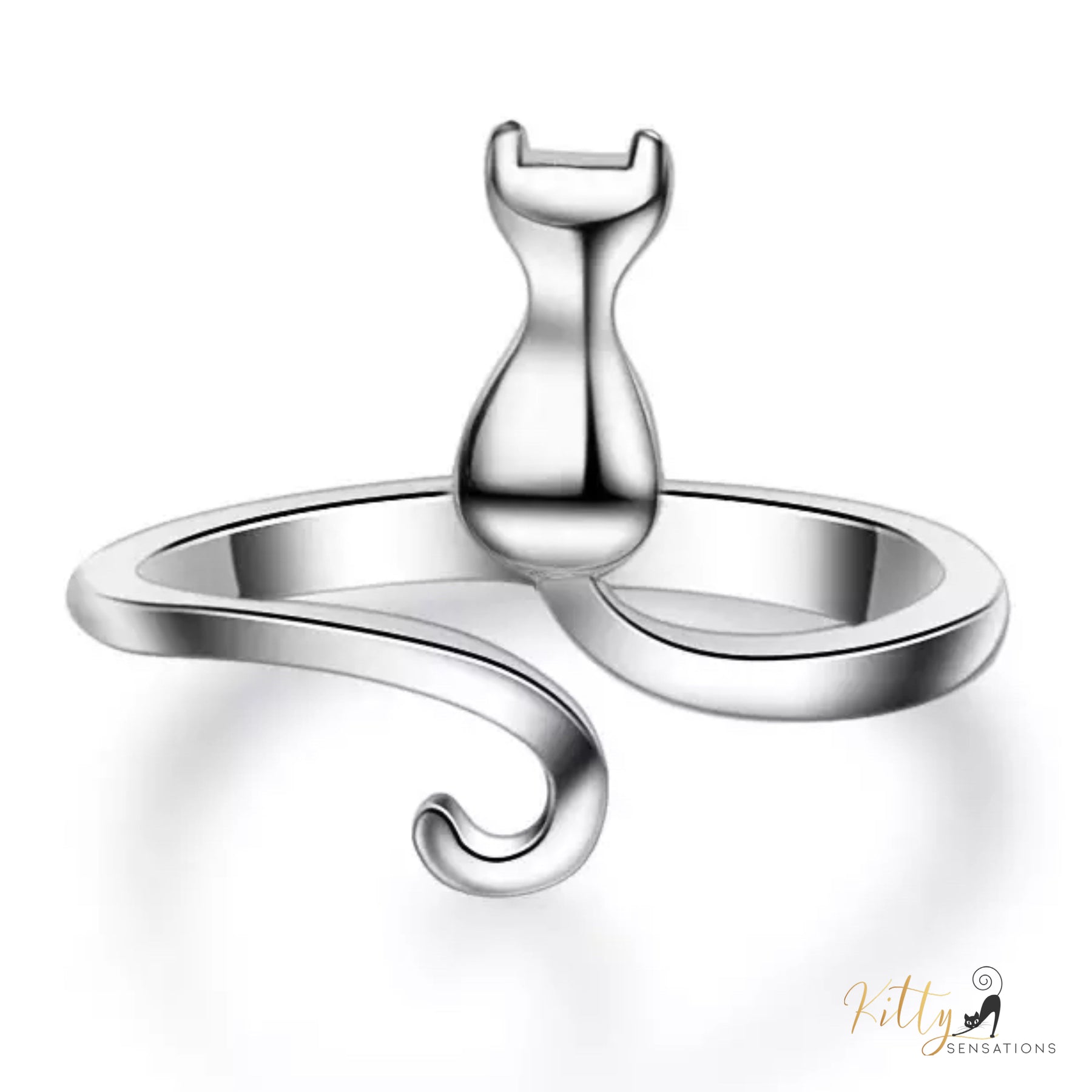 Peaceful Kitty Open Ring in Solid 925 Sterling Silver (Platinum Plated)