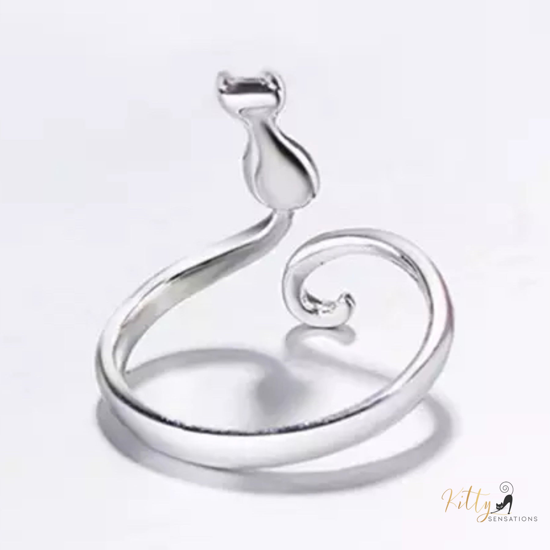 Peaceful Kitty Open Ring in Solid 925 Sterling Silver (Platinum Plated)