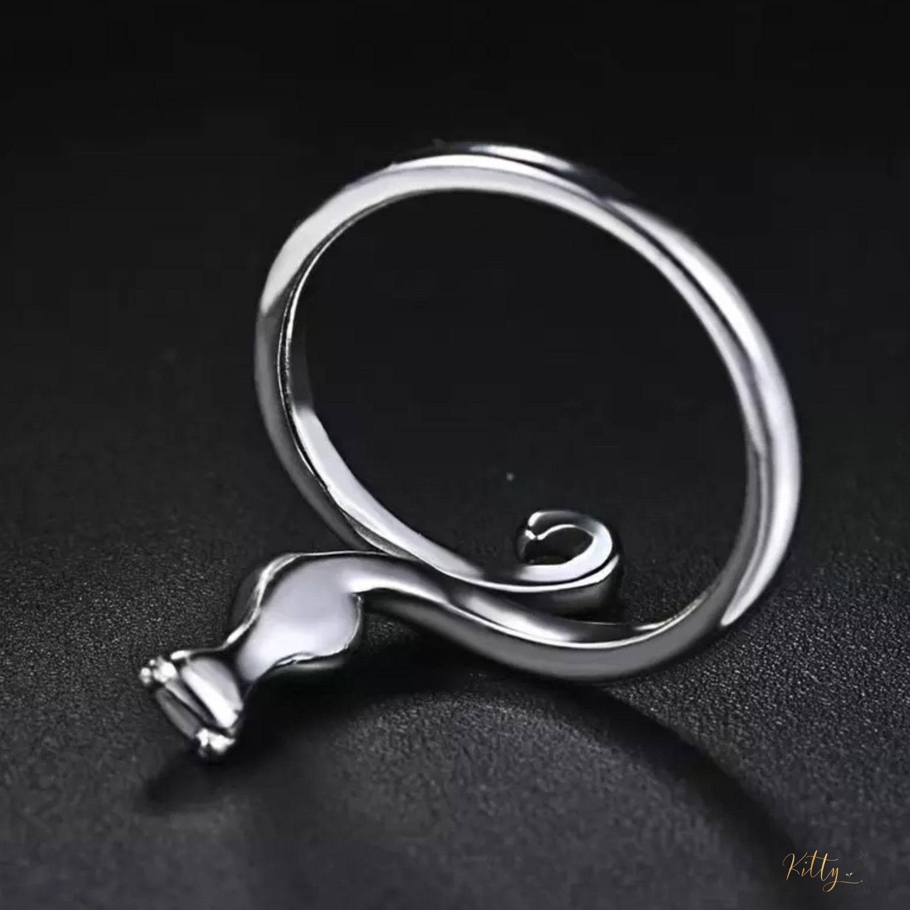 Peaceful Kitty Open Ring in Solid 925 Sterling Silver (Platinum Plated)