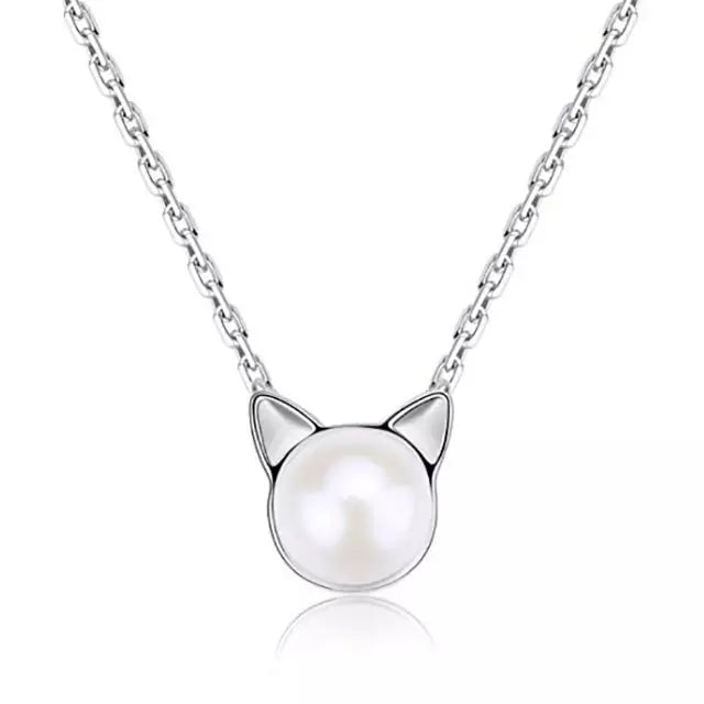 Freshwater Pearl Cat Necklace in Solid 925 Sterling Silver