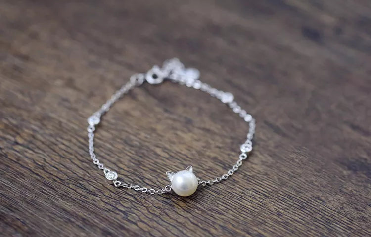 Freshwater Pearl Cat Bracelet in Solid 925 Sterling Silver