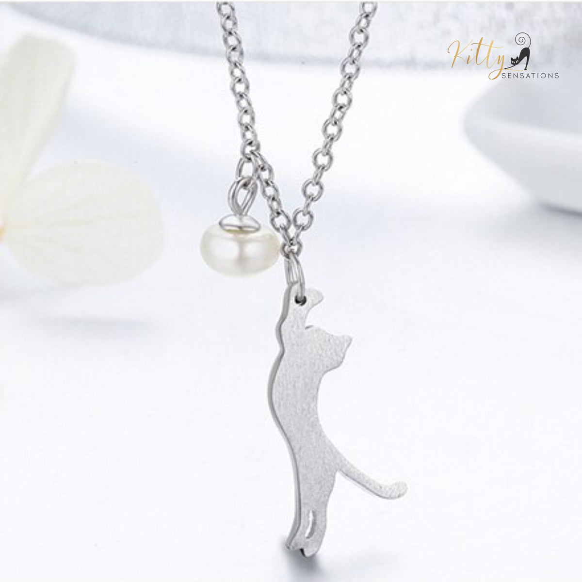 Pearl and Hanging Cat Necklace in Solid 925 Sterling Silver (Platinum Plated)