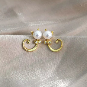 Pearl Zircon Cat Earrings in Solid 925 Sterling Silver and Gold Plating