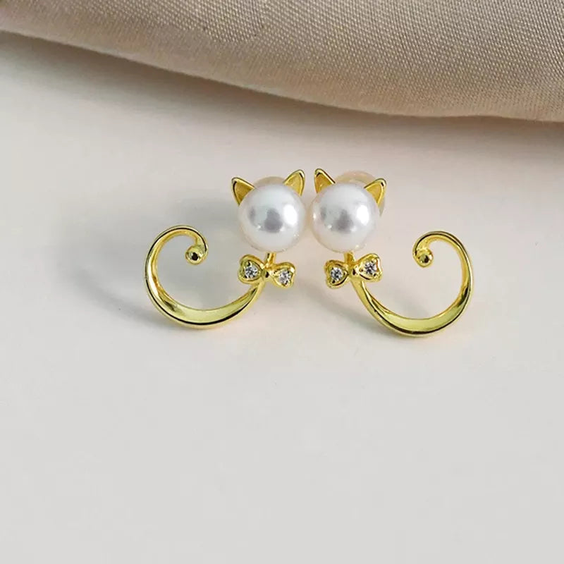 Pearl Zircon Cat Earrings in Solid 925 Sterling Silver and Gold Plating