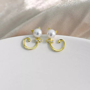 Pearl Zircon Cat Earrings in Solid 925 Sterling Silver and Gold Plating