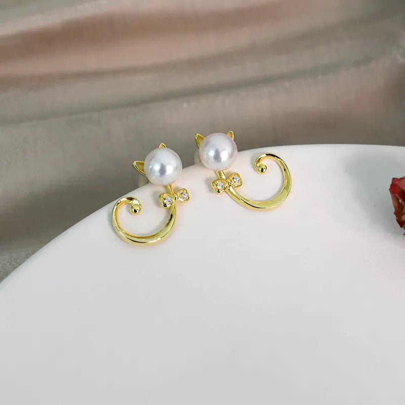 Pearl Zircon Cat Earrings in Solid 925 Sterling Silver and Gold Plating