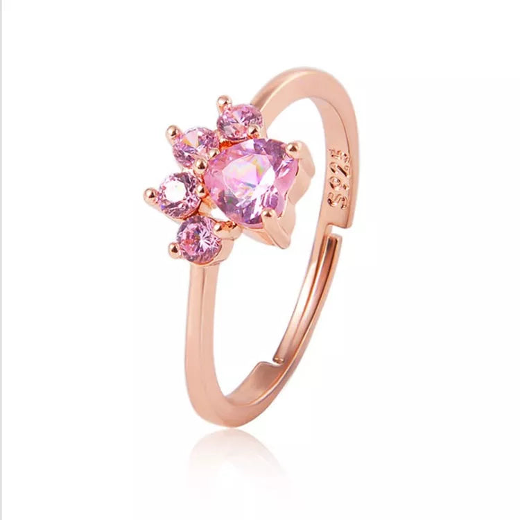 Pink Zircon Cat Paw Ring in Solid 925 Sterling Silver and 14K Gold Plating