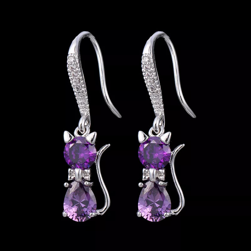 Purple Crystal Cat Earrings (Platinum Plated)