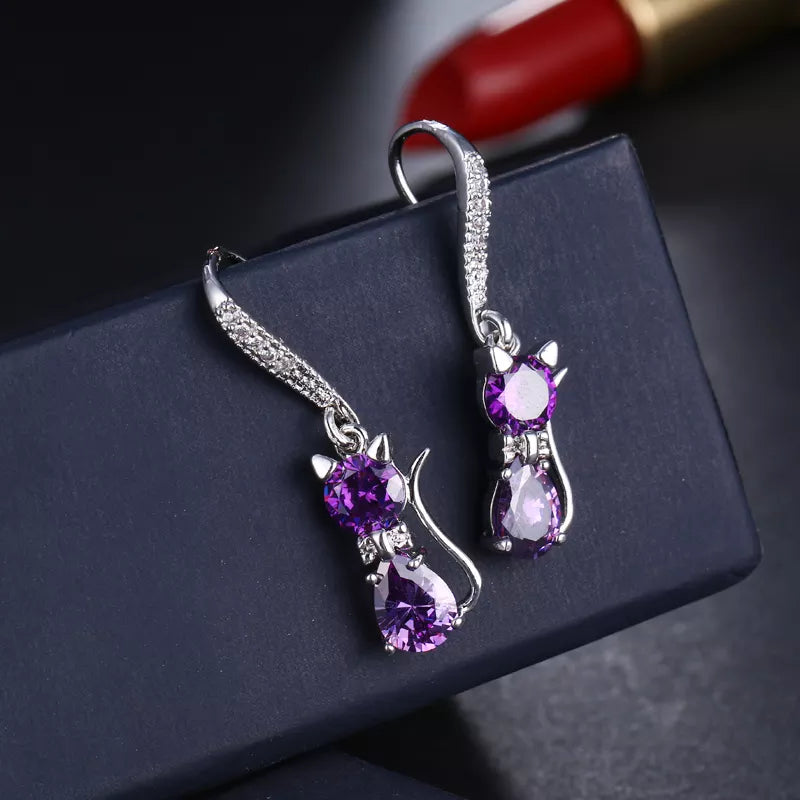 Purple Crystal Cat Earrings (Platinum Plated)