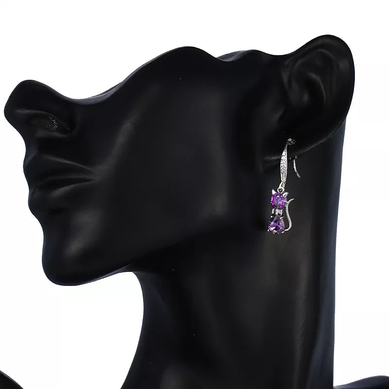 Purple Crystal Cat Earrings (Platinum Plated)