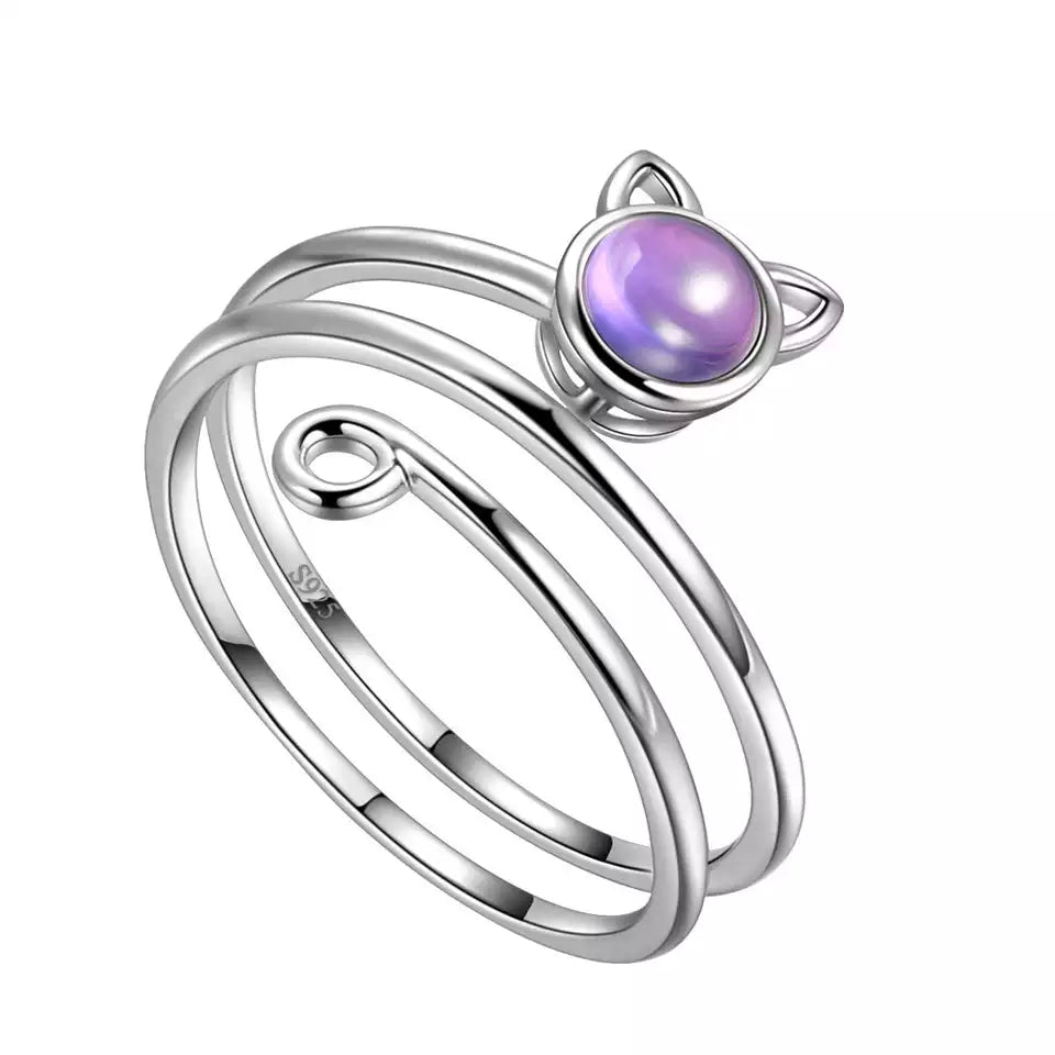 Crystal Face Spiral Cat Ring in Solid 925 Sterling Silver