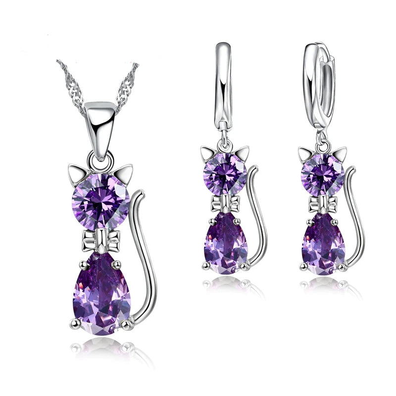 Austrian Crystal Cat Set in Solid 925 Sterling Silver