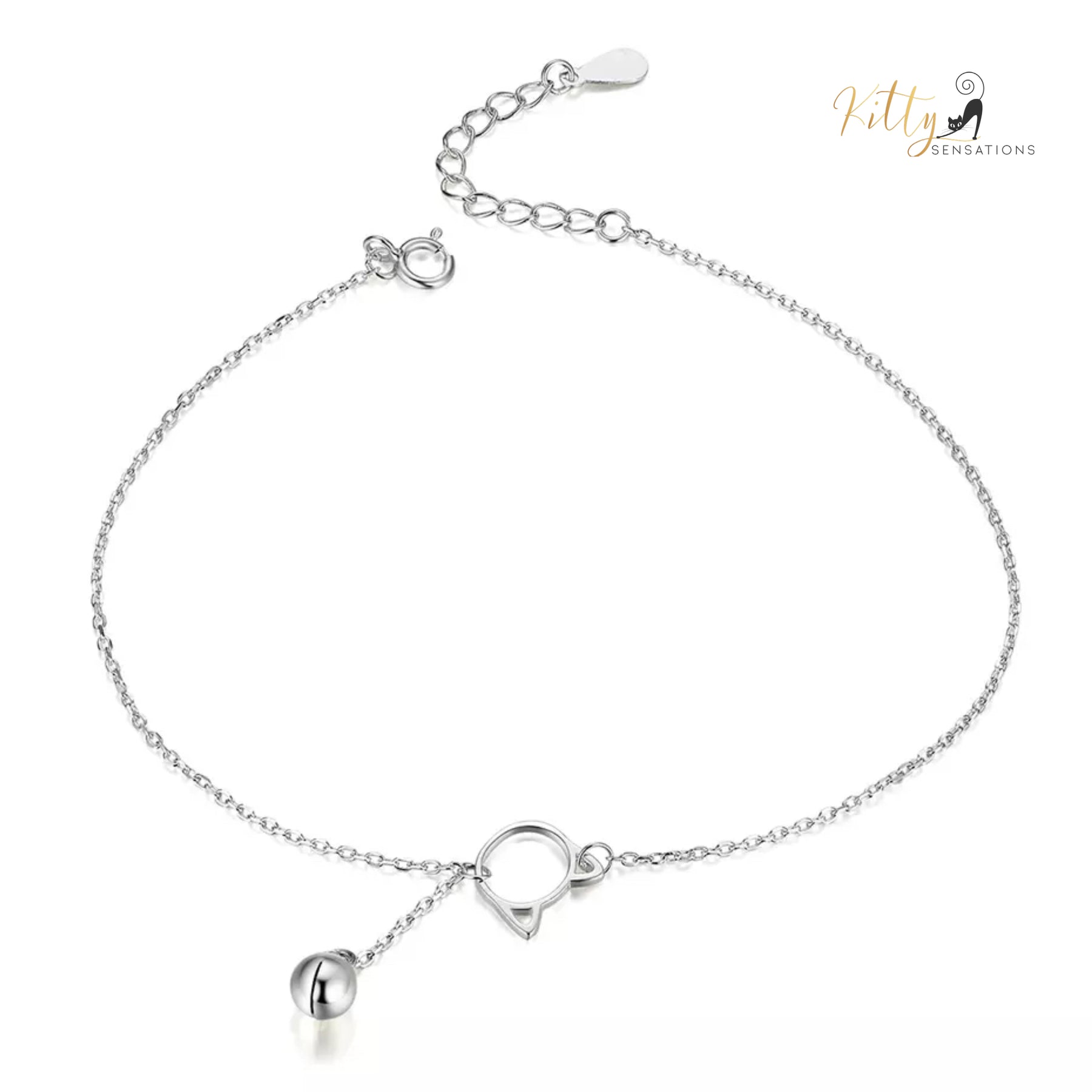 Purrfection Cat Bracelet/Anklet with Hanging Bell Charm in Solid 925 Sterling Silver