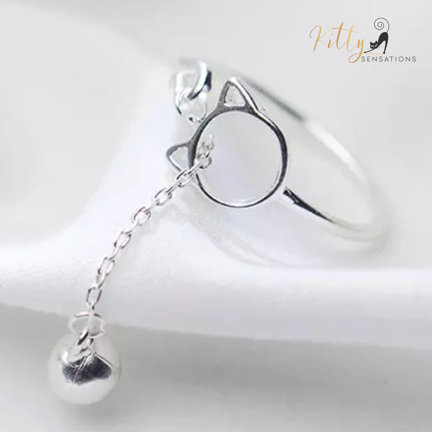 Purrfection Cat Ring with Hanging Bell Charm in Solid 925 Sterling Silver