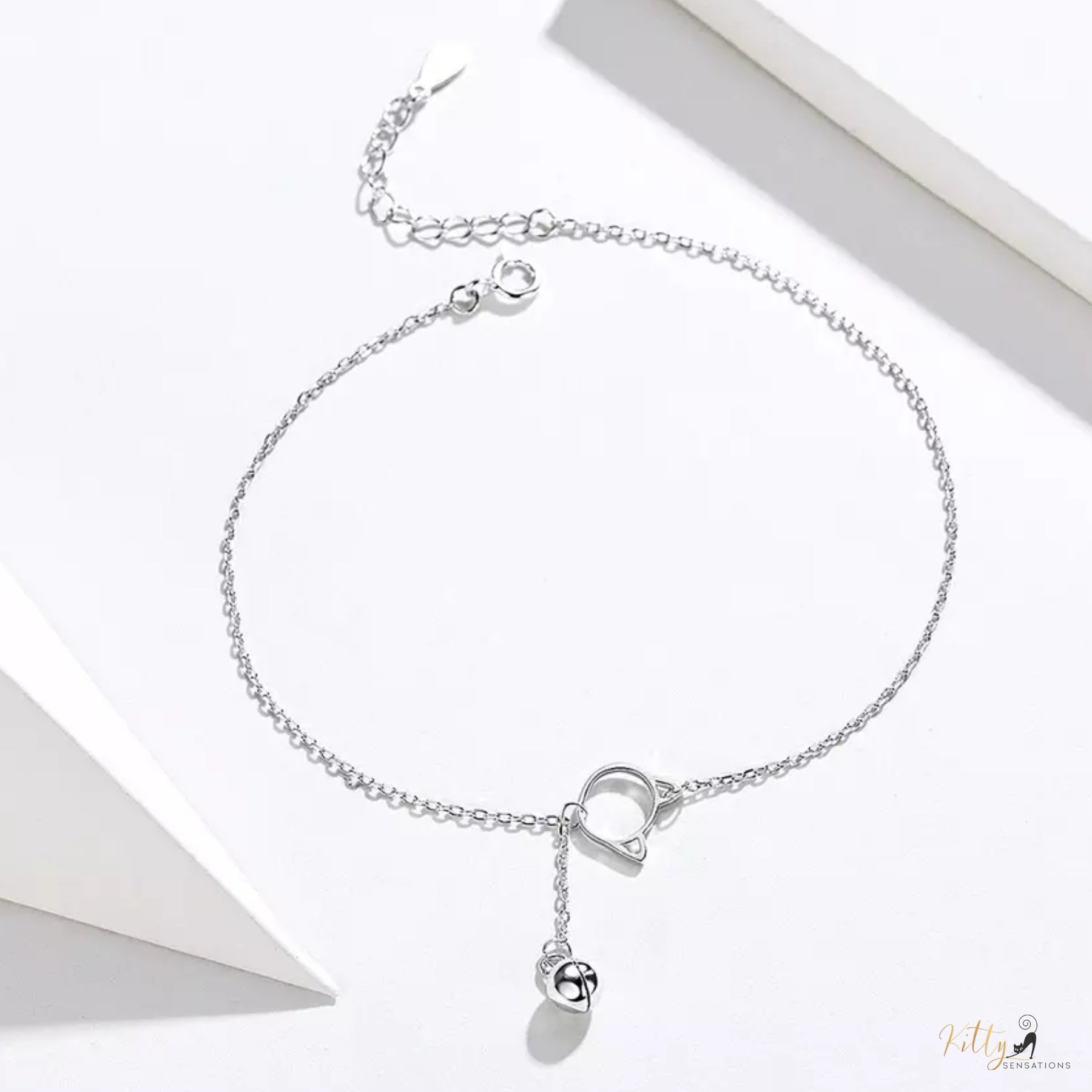 Purrfection Cat Bracelet/Anklet with Hanging Bell Charm in Solid 925 Sterling Silver