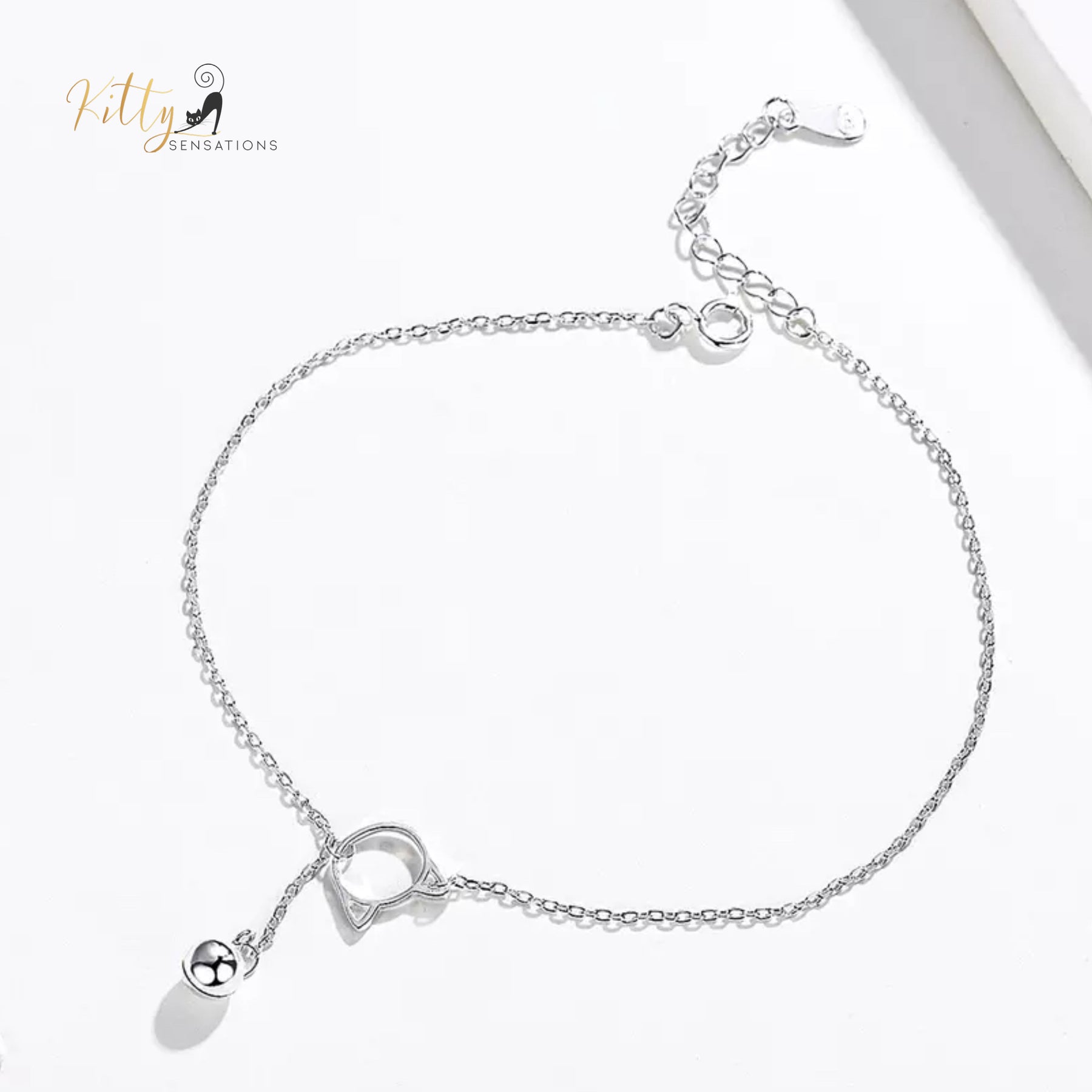 Purrfection Cat Bracelet/Anklet with Hanging Bell Charm in Solid 925 Sterling Silver